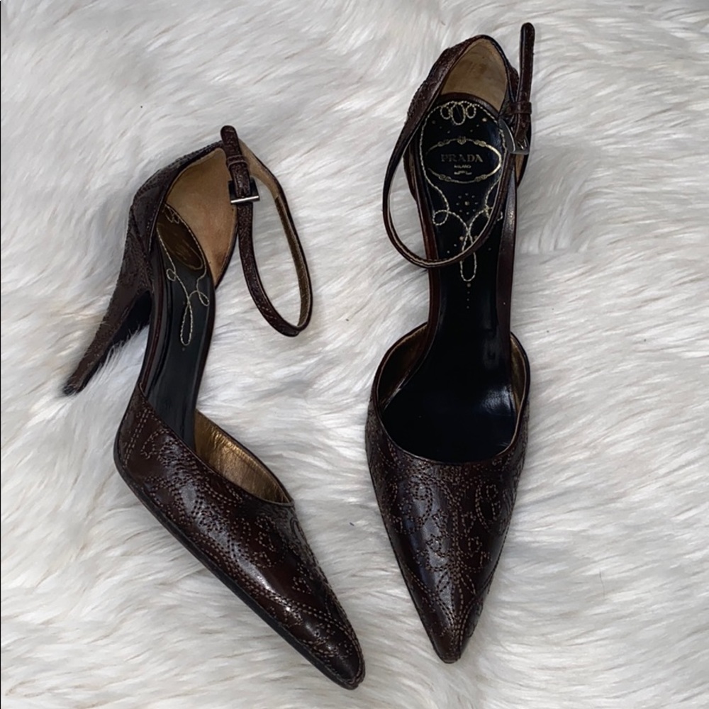 Prada Brown Embroidered Bohemian Pointed Toe Heel